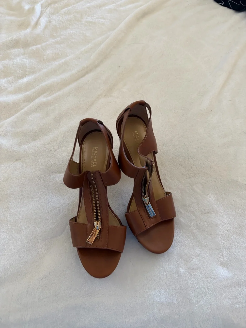 Michael Kors Tan Brown Leather Zip-Front Women's Sandals